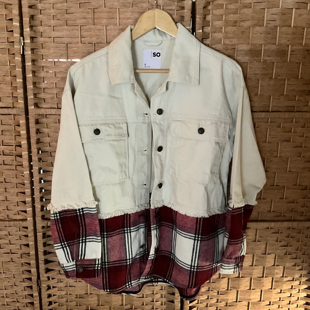 SO Cream Denim Jacket‎ with Red Plaid Flannel Bottom - Size Small Streetwear